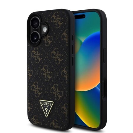 Guess PU Leather 4G Triangle Metal Logo Zadní Kryt pro iPhone 16 Black