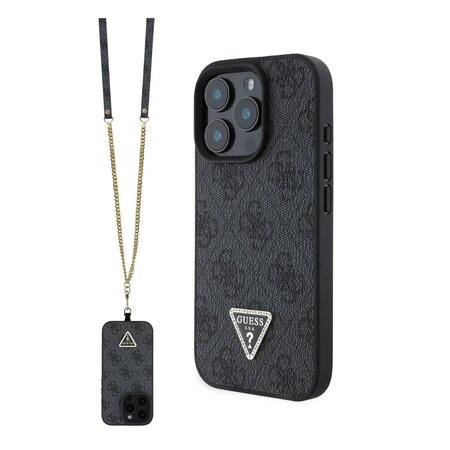 Guess PU 4G Strass Triangle Metal Logo Zadní Kryt + Crossbody Popruh pro iPhone 16 Pro Black