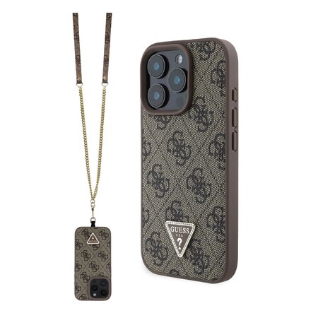 Guess PU 4G Strass Triangle Metal Logo Zadní Kryt + Crossbody Popruh pro iPhone 16 Pro Brown