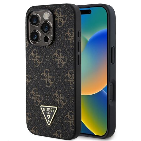 Guess PU Leather 4G Triangle Metal Logo Zadní Kryt pro iPhone 16 Pro Black