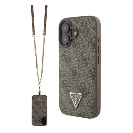 Guess PU 4G Strass Triangle Metal Logo Zadní Kryt + Crossbody Popruh pro iPhone 16 Brown