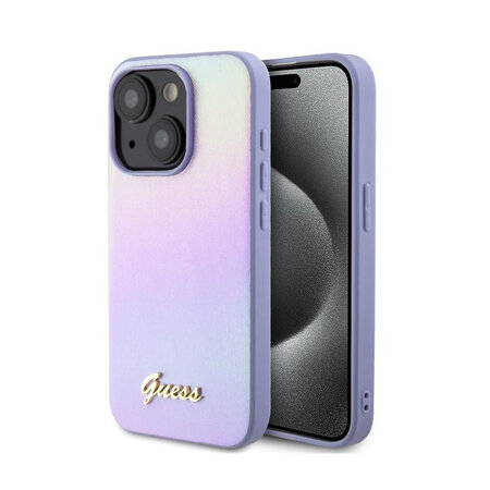 Guess PU Leather Iridescent Metal Script Zadní Kryt pro iPhone 15 Purple