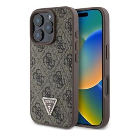 Guess PU 4G Strass Triangle Metal Logo Zadní Kryt pro iPhone 16 Pro Brown