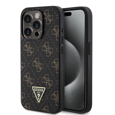 Guess PU Leather 4G Triangle Metal Logo Zadní Kryt pro iPhone 15 Pro Black