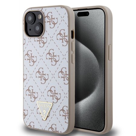 Guess PU Leather 4G Triangle Metal Logo Zadní Kryt pro iPhone 15 White