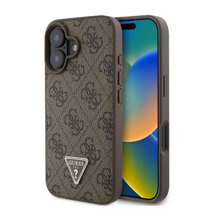 Guess PU 4G Strass Triangle Metal Logo Zadní Kryt pro iPhone 16 Brown