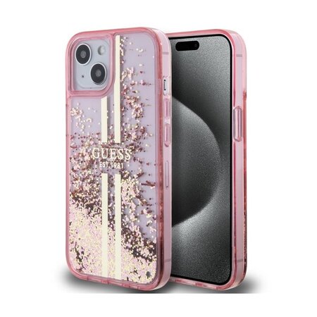 Guess PC/TPU Liquid Glitter Gold Stripe Zadní Kryt pro iPhone 15 Pink