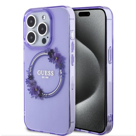 Guess PC/TPU Flowers Ring Glossy Logo MagSafe Zadní Kryt pro iPhone 15 Pro Max Purple