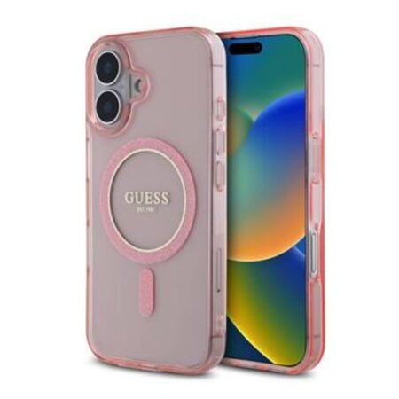 Guess IML Glitter Ring MagSafe Zadní Kryt pro iPhone 16 Pink