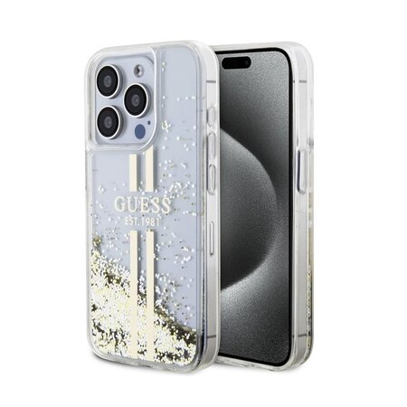 Guess PC/TPU Liquid Glitter Gold Stripe Zadní Kryt pro iPhone 15 Pro Transparent