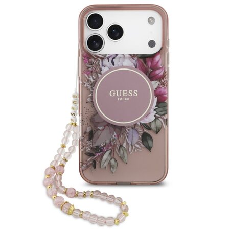 Guess zadní kryt s popruhem na ruku pro iPhone 17 Pro Max, IML Flowers MagSafe - růžová Guess zadní kryt s popruhem na ruku pro iPhone 17 Pro Max, IML Flowers MagSafe - růžová