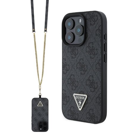 Guess PU 4G Strass Triangle Metal Logo Zadní Kryt + Crossbody Popruh pro iPhone 16 Pro Max Black