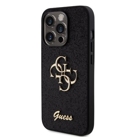 Guess PU Fixed Glitter 4G Metal Logo Zadní Kryt pro iPhone 15 Pro Černý