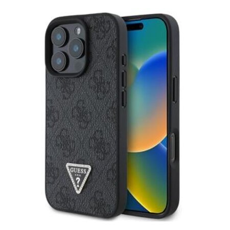 Guess PU 4G Strass Triangle Metal Logo Zadní Kryt pro iPhone 16 Pro Black