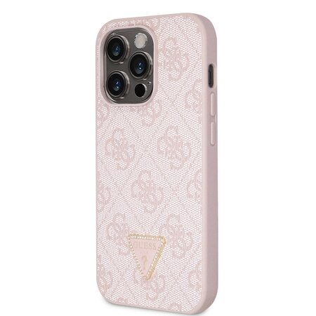 Guess PU 4G Strass Triangle Metal Logo Zadní Kryt pro iPhone 15 Pro Růžový