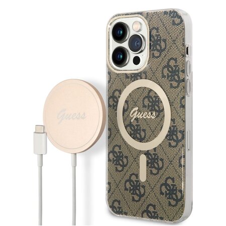 Guess 4G MagSafe Zadní Kryt + Bezdrátová Nabíječka pro iPhone 14 Pro Max Brown