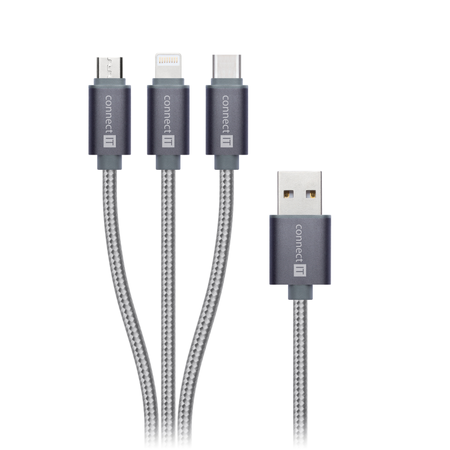 Connect IT Wirez Datový kabel 3v1, USB-C & Micro USB & Lightning, 1.2m - šedá