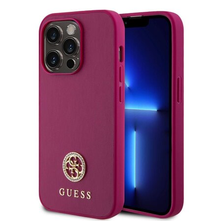 Guess PU 4G Strass Metal Logo Zadní Kryt pro iPhone 15 Pro Pink