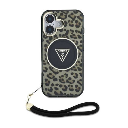 Guess IML Leopard Triangle Logo Strap MagSafe Zadní Kryt pro iPhone 16 Hnědá