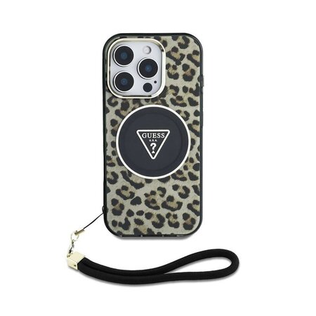 Guess IML Leopard Triangle Logo Strap MagSafe Zadní Kryt pro iPhone 16 Pro Hnědá