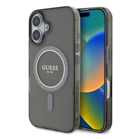 Guess IML Glitter Ring MagSafe Zadní Kryt pro iPhone 16 Black