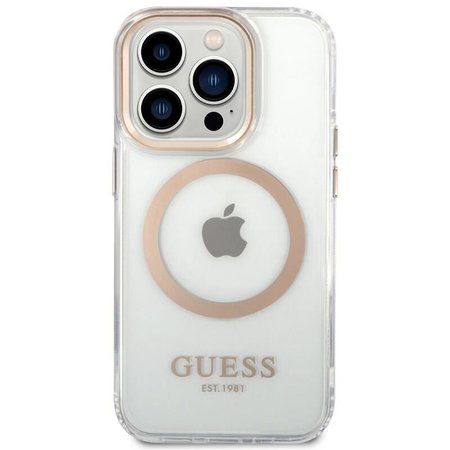 Guess Transparent MagSafe Kompatibilní Zadní Kryt pro iPhone 14 Pro Gold