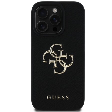 Guess PU Grained 4G Metal Logo Zadní Kryt pro iPhone 16 Pro Černá