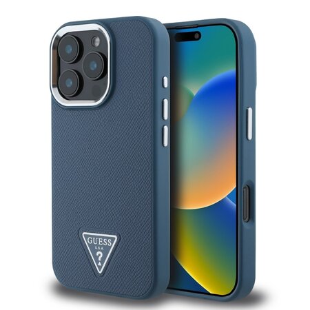 Guess PU Grained Triangle Logo Zadní Kryt pro iPhone 16 Pro Blue