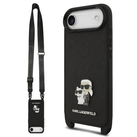 Karl Lagerfeld zadní kryt s popruhem pro iPhone Air, Saffiano Metal K&C - černá Karl Lagerfeld zadní kryt s popruhem pro iPhone Air, Saffiano Metal K&C - černá