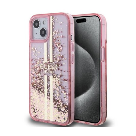 Guess PC/TPU Liquid Glitter Gold Stripe Zadní Kryt pro iPhone 15 Pro Max Pink