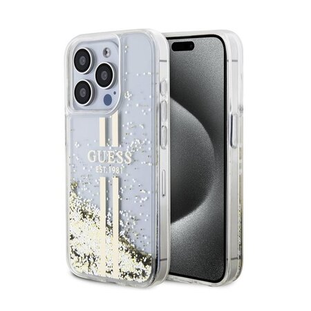 Guess PC/TPU Liquid Glitter Gold Stripe Zadní Kryt pro iPhone 15 Pro Max Transparent