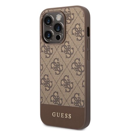 Guess PU 4G Stripe Zadní Kryt pro iPhone 14 Pro Brown