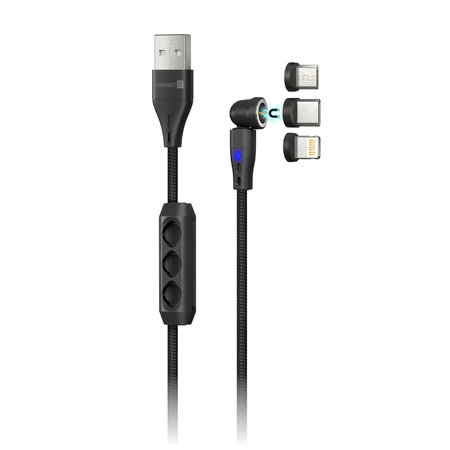 Connect IT Magnetic PowerLink Datový kabel 3v1 (USB-C/Lightning/MicroUSB), 2m - černá