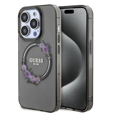 Guess PC/TPU Flowers Ring Glossy Logo MagSafe Zadní Kryt pro iPhone 14 Pro Black