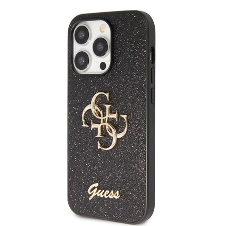 Guess PU Fixed Glitter 4G Metal Logo Zadní Kryt pro iPhone 15 Pro Max Černý