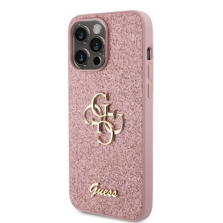 Guess PU Fixed Glitter 4G Metal Logo Zadní Kryt pro iPhone 15 Pro Max Růžový