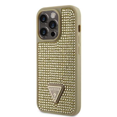 Guess Rhinestones Triangle Metal Logo Kryt pro iPhone 14 Pro zlatý