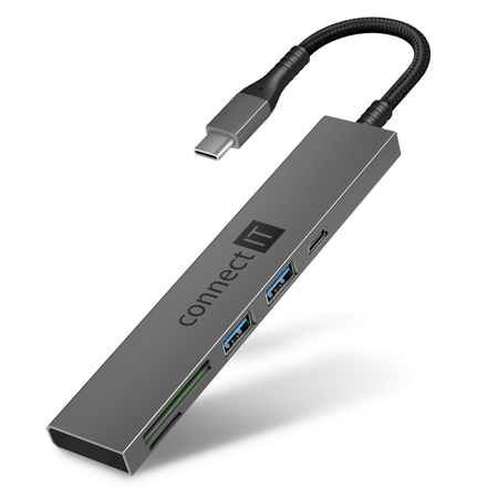 Connect IT Compact PRO USB-C hub + čtečka karet (2xUSB-A 3.0, 1xUSB-C) - šedá