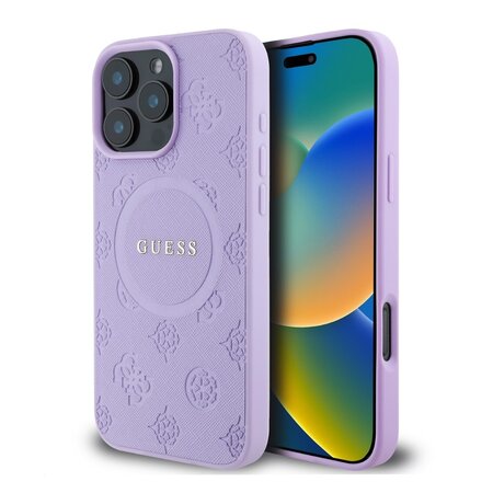 Guess Saffiano Peony Stamp MagSafe Zadní Kryt pro iPhone 16 Pro Purple