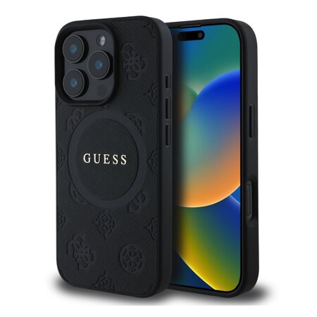 Guess Saffiano Peony Stamp MagSafe Zadní Kryt pro iPhone 16 Pro Black