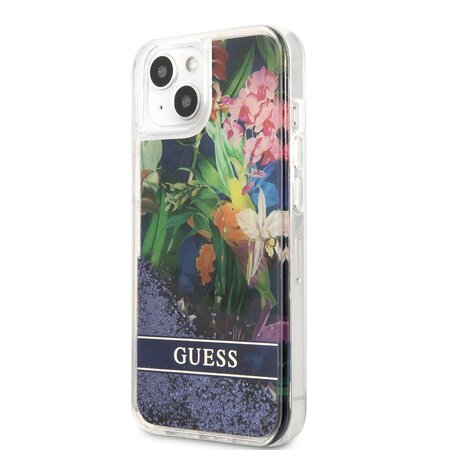 Guess Liquid Glitter Flower Zadní Kryt pro iPhone 13 mini Blue