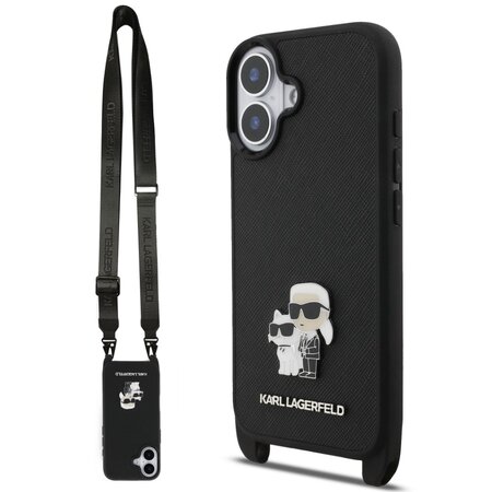 Karl Lagerfeld zadní kryt s popruhem pro iPhone 17, Saffiano Metal K&C - černá Karl Lagerfeld zadní kryt s popruhem pro iPhone 17, Saffiano Metal K&C - černá