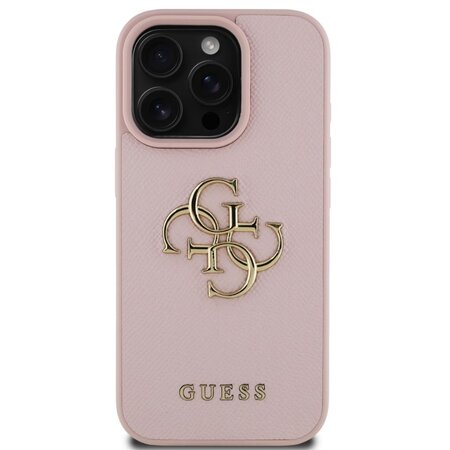 Guess PU Grained 4G Metal Logo Zadní Kryt pro iPhone 16 Pro Růžová