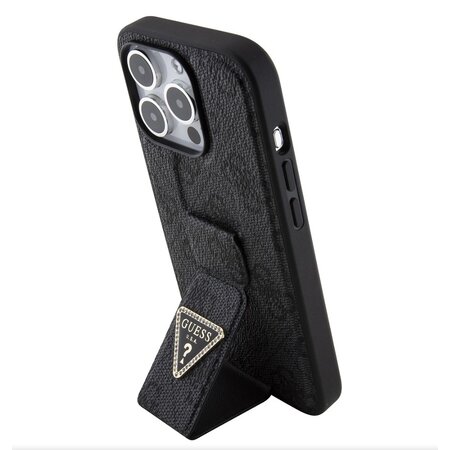 Guess PU Grip Stand 4G Strass Triangle Metal Logo Zadní Kryt pro iPhone 15 Pro Black