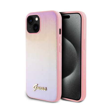 Guess PU Leather Iridescent Metal Script Zadní Kryt pro iPhone 15 Pink