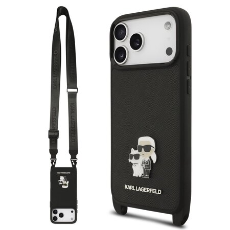 Karl Lagerfeld zadní kryt s popruhem pro iPhone 17 Pro Max, Saffiano Metal K&C - černá Karl Lagerfeld zadní kryt s popruhem pro iPhone 17 Pro Max, Saffiano Metal K&C - černá