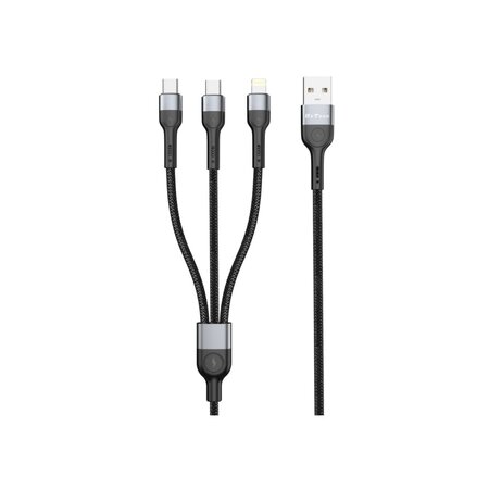 DeTech DE-52UCL datový kabel, 3v1, USB na 2x Type-C, Lightning, 1.0m - černá