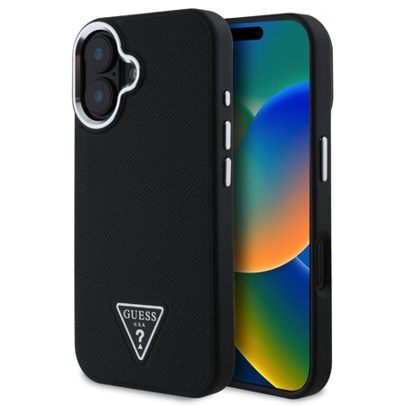 Guess PU Grained Triangle Logo Zadní Kryt pro iPhone 16 Black