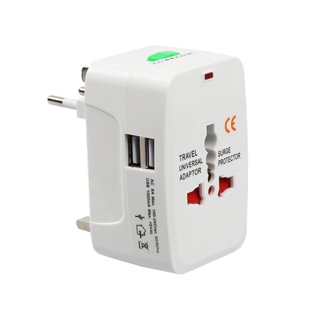 Univerzální cestovní adaptér - 2xUSB,1.0A, EU/US/UK/AU, 220V, Bílá