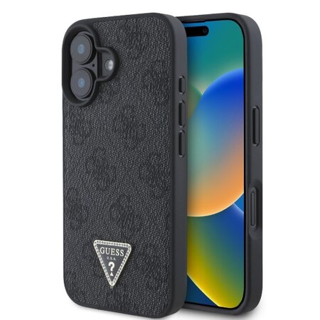 Guess PU 4G Strass Triangle Metal Logo Zadní Kryt pro iPhone 16 Black